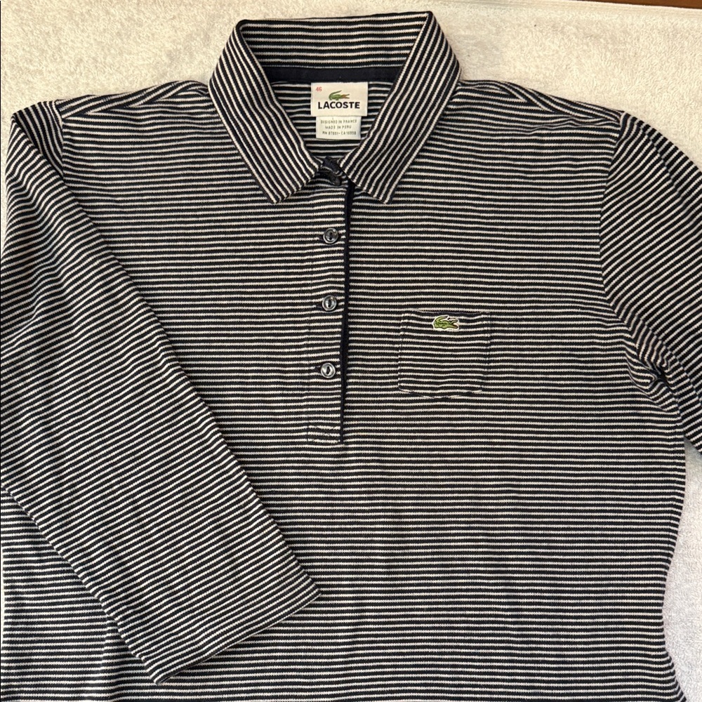 Lacoste Navy and White Striped Long Sleeve Polo Top